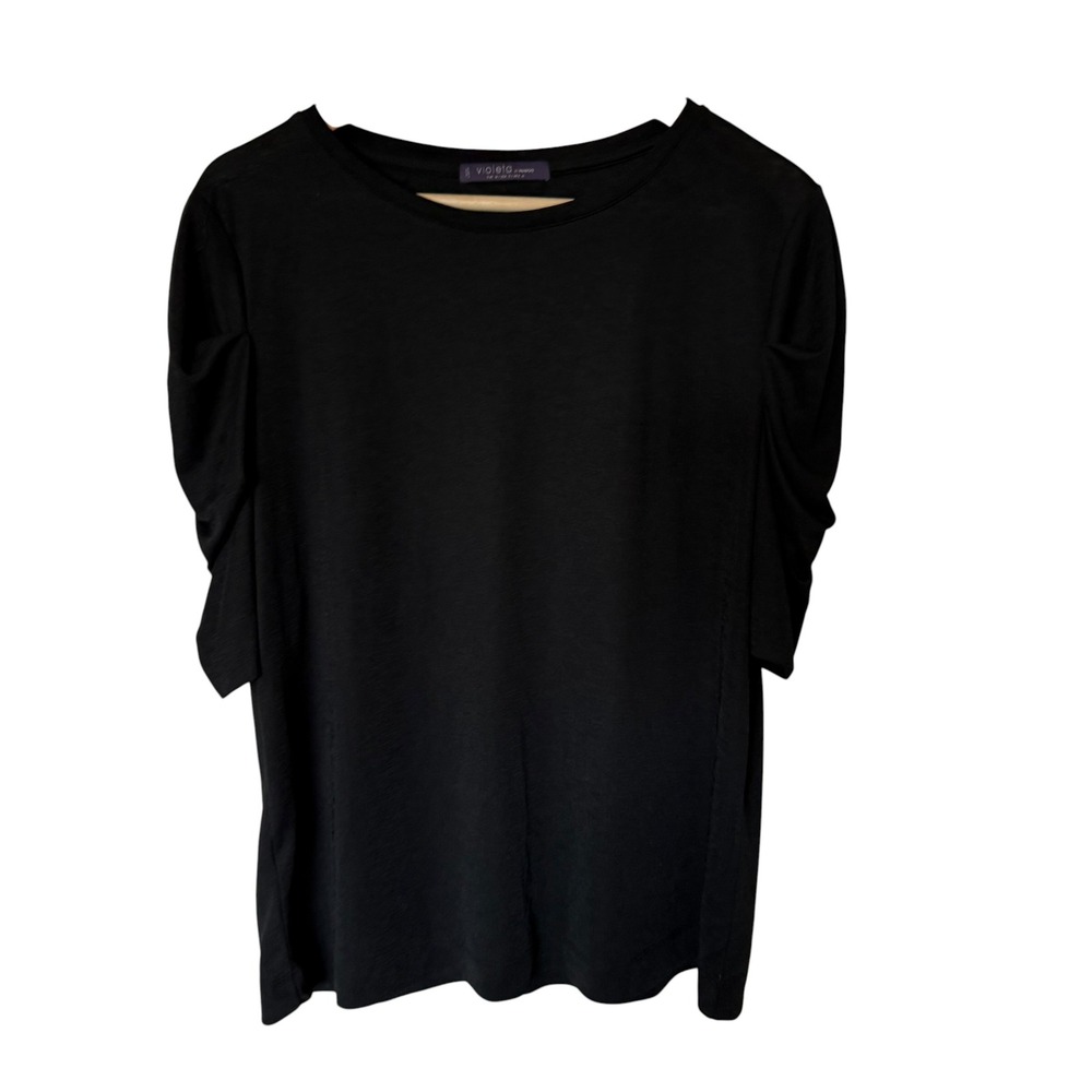 Violeta by Mango Ruched Sleeve Top Women Small Black Excellent Gathered Detail
